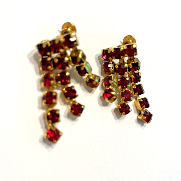Screwback Earrings Gold & Red Rhinestone Drop Dangle Elegant Dressy Mid Century - Picture 6 of 6